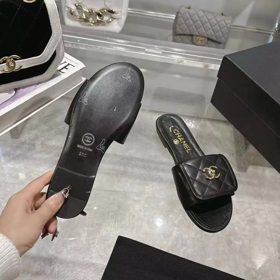 👟👟Ex-factory price 340👟👟Chanel Chanel 25C new women's double C schoolbag buckle flat sandals, fabric sheepskin, color: black: white: pink: apricot, code number: 5-40 (customized 41 42 43 customized non-refundable)